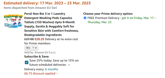 Screenshot of Persil Non Bio 3 in 1 Laundry Detergent Washing Pods Capsules Tablets (150 Washes) for £20.25 at Amazon