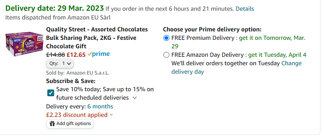 Screenshot of Nestle Quality Street Assorted Chocolates Bulk Sharing Pack 2kg for £12.65 at Amazon