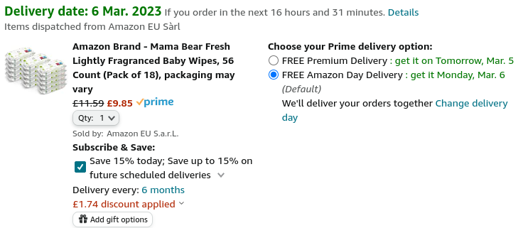  Pack Of 18 Mama Bear Fresh Lightly Fragranced Baby Wipes £9.85 @ Amazon