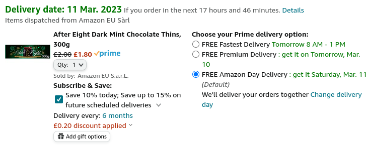 After Eight Mint Chocolate Thins Box 300g £1.80 @ Amazon