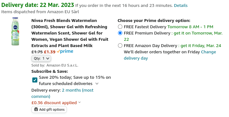 Nivea Fresh Blends Watermelon 300ml Shower Gel £1.39 @ Amazon