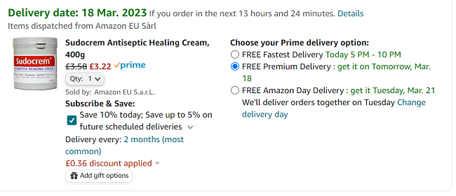 Screenshot showing Sudocrem Antiseptic Healing Cream 400g for £3.22 at Amazon