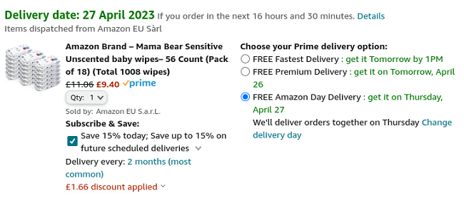 Screenshot showing Pack Of 18 Mama Bear Sensitive Unscented Baby Wipes for £9.40 at Amazon