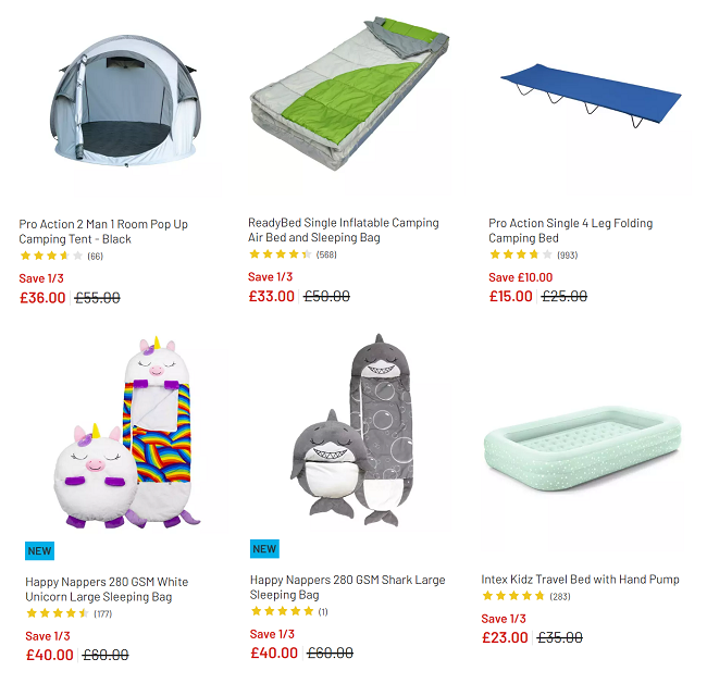 Screenshot of camping sale at Argos