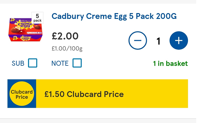 Screenshot of Cadbury Creme Eggs 5 pack for £1.50 at Tesco