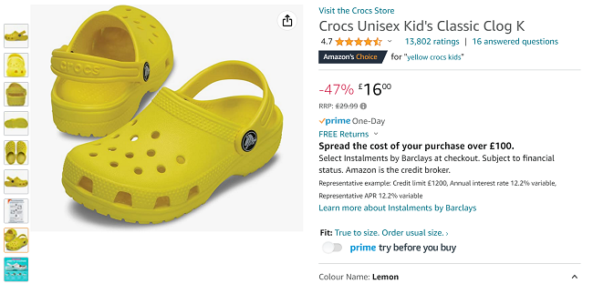 Screenshot showing Crocs Unisex Kid's Classic Clog £16 at Amazon