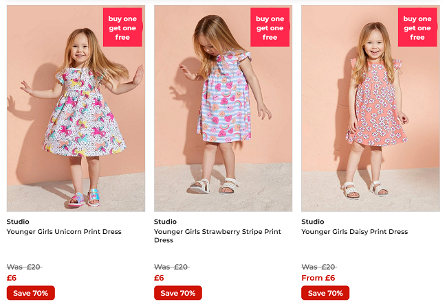 Screenshot of 70% Off + Buy One Get One Free On Girls Printed Dresses offer at Studio