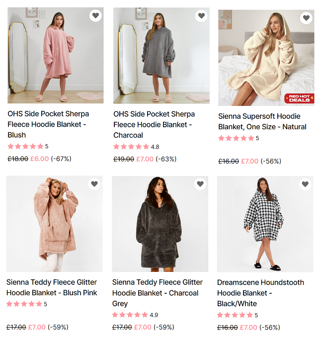 Screenshot of reduced Hoodie Blankets at Online Home Shop