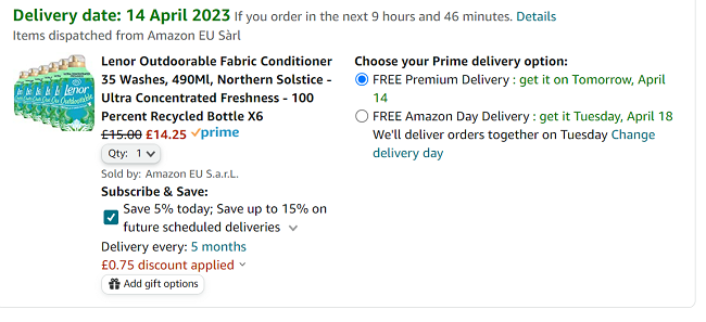 Screenshot showing 6 x Lenor Outdoorable Northern Solstice Fabric Conditioner 490ml for £14.25 at Amazon