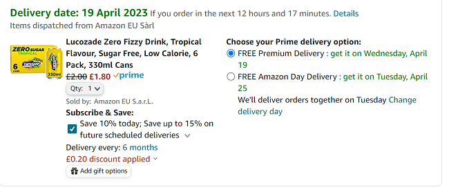 Screenshot showing Lucozade Zero Tropical 330ml Cans 6 Pack for £1.80 at Amazon