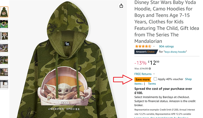 Screenshot of 40% off Star Wars The Mandalorian Hoodie at Amazon
