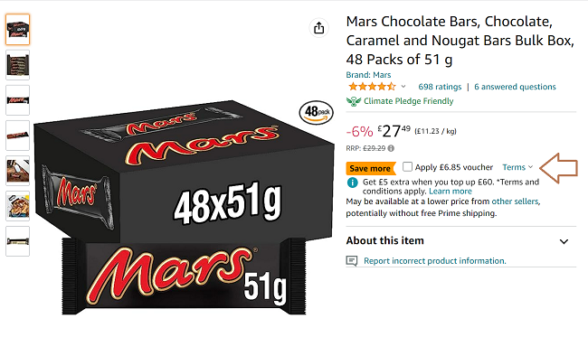 Screenshot of Mars Chocolate Bars 51g 48 Pack £20.64 with voucher at Amazon