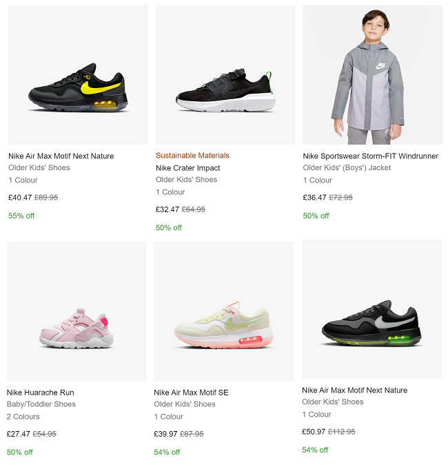 Screenshot of kids sale at Nike