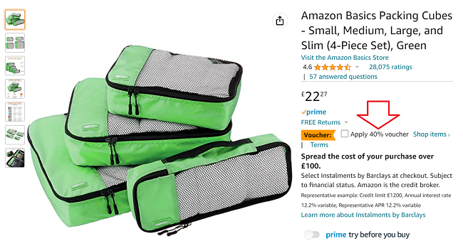 Screenshot of Amazon Basics Packing Cubes 4 Piece Set for £13.37 with voucher at Amazon