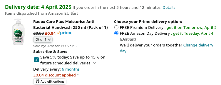  Radox Care Plus Moisturise Anti Bacterial Handwash 250 ml 84p @ Amazon