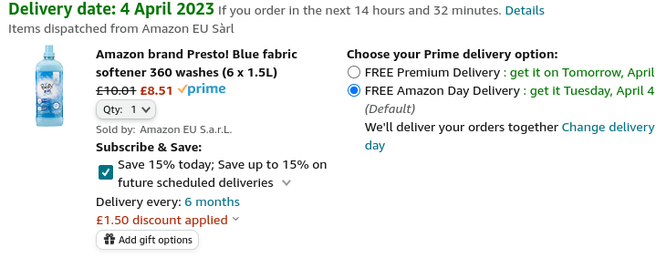 6 x 1.5L Amazon Brand Presto! Blue Fabric Softener 360 Washes £8.51 @ Amazon
