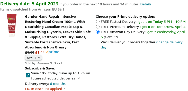 Garnier Hand Repair Intensive Restoring Hand Cream 100ml £1.44 @ Amazon