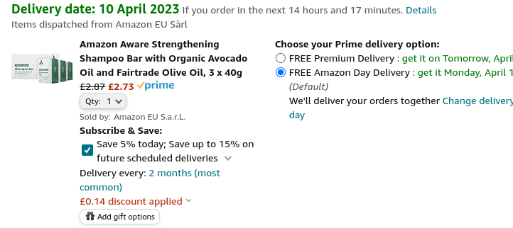 Three Amazon Aware Strengthening Shampoo Bars £2.73 @ Amazon