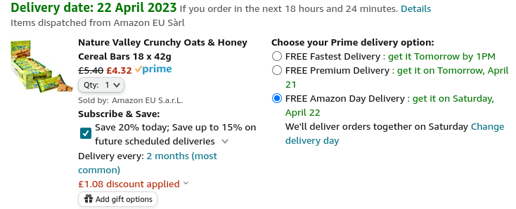 Nature Valley Crunchy Oats & Honey Cereal Bars 18 x 42g £4.32 @ Amazon