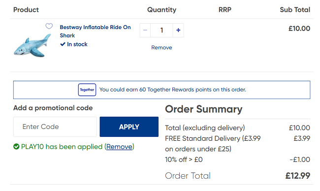Screenshot showing Bestway Inflatable Ride On Shark £9 with code at The Works