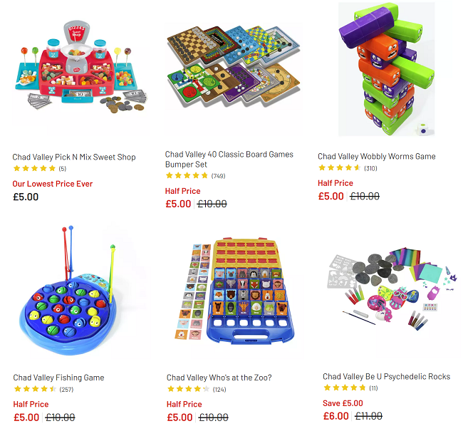 Screenshot of reduced Chad Valley toys at Argos