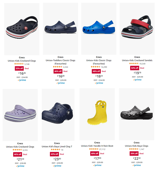 Screenshot of reduced Kids Crocs at Amazon