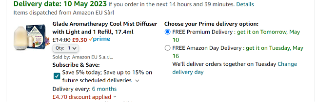 Screenshot of Glade Aromatherapy Cool Mist Diffuser with Light and 1 Refill £9.30 at Amazon