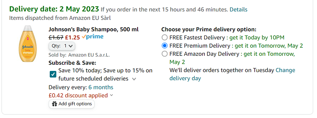 Screenshot of Johnson's Baby Shampoo 500ml for £1.25 at Amazon