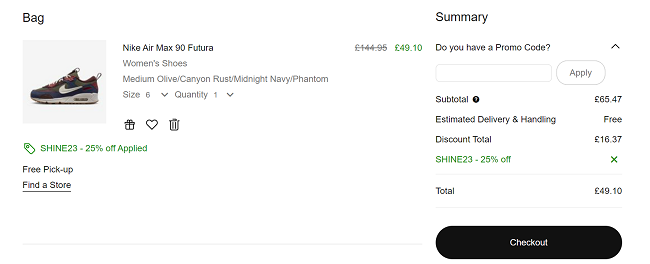 Screenshot of Nike Air Max 90 Futura in basket at Nike