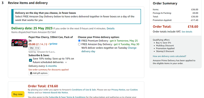 Screenshot of Pepsi Max Cherry 330ml Can Pack of 24 x 4 for £18.60 at Amazon