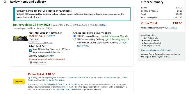 Screenshot of Pepsi Max Lime 330ml Can Pack of 24 x 4 for £18.60 at Amazon