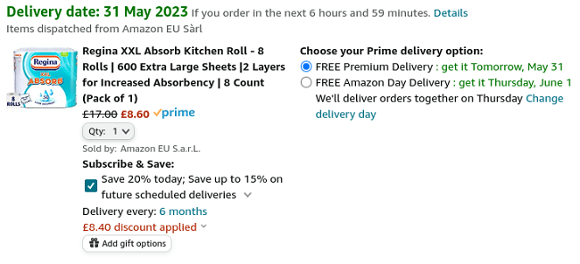 Screenshot showing Regina XXL Absorb Kitchen Roll 8 Rolls for £8.60 at Amazon