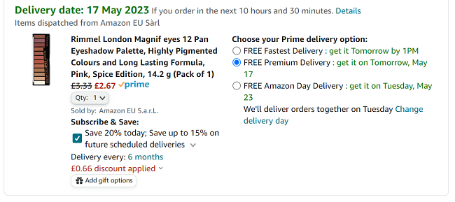 Screenshot of Rimmel London Magnifeyes 12 Pan Eyeshadow Palette for £2.67 at Amazon