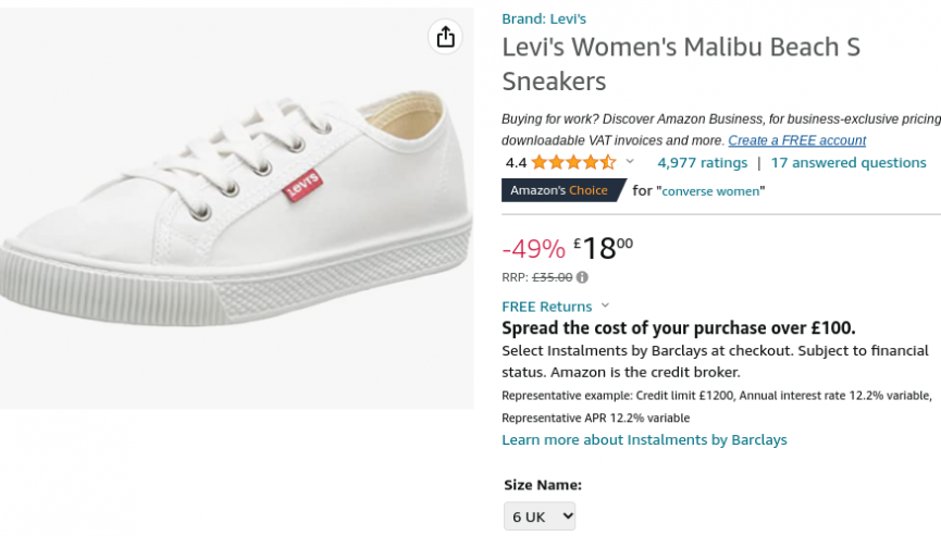 Levi's Women's White Sneakers White From £18 @ Amazon