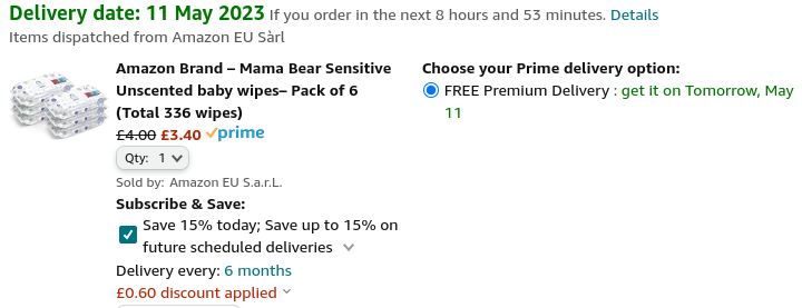 Mama Bear Sensitive Unscented Baby Wipes Pack of 6 £3.40 @ Amazon