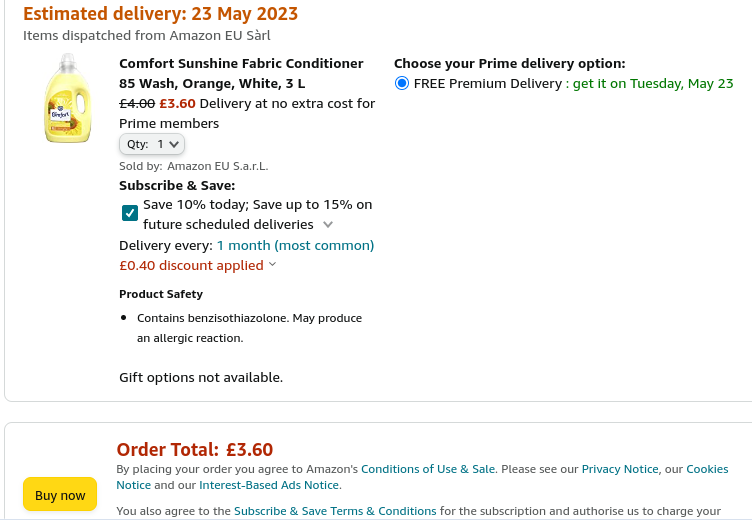 Comfort Fabric Conditioner 85 Wash 3L From £3.60 @ Amazon