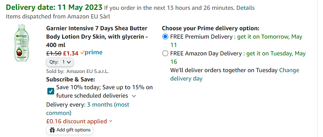 Screenshot of Garnier Intensive 7 Days Shea Butter Body Lotion Dry Skin 400ml for £1.34 at Amazon
