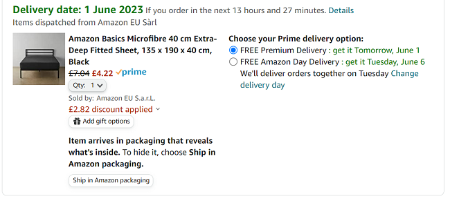 Screenshot of Amazon Basics Microfibre 40 cm Extra-Deep Fitted Sheet for £4.22 at Amazon