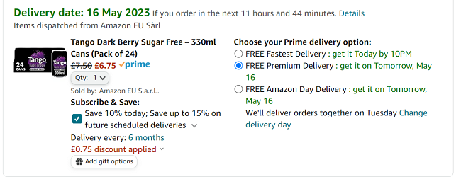 Screenshot of Tango Dark Berry Sugar Free 330ml Cans (Pack of 24) for £6.75 at Amazon