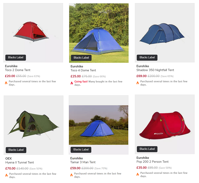 Screenshot of Up To 70% Off Selected Tents offer at Blacks