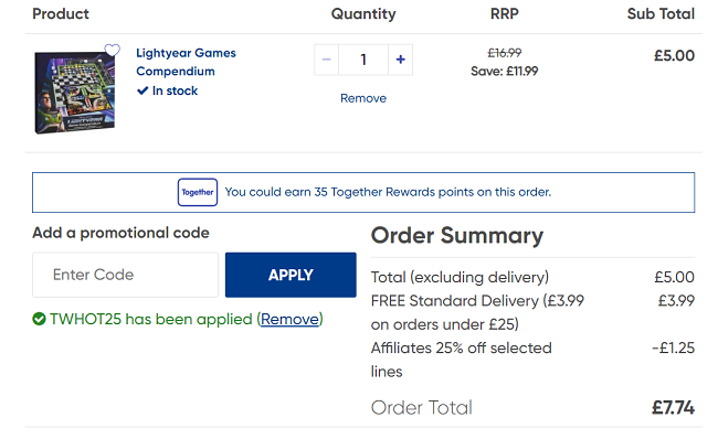 Screenshot of online basket showing extra 25% off with code at The Works