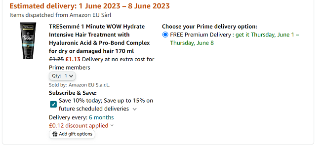 Screenshot of TRESemme 1 Minute WOW Hydrate Intensive Hair Treatment, 170ml for £1.13 at Amazon