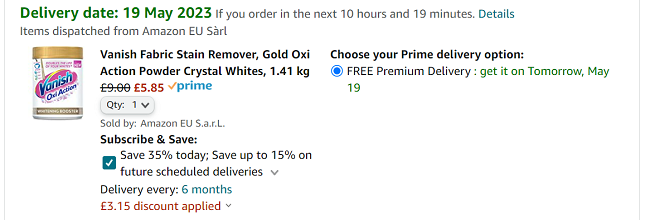 Screenshot of Vanish Fabric Stain Remover Gold Oxi Action Powder Crystal Whites 1.41kg for £5.85 at Amazon