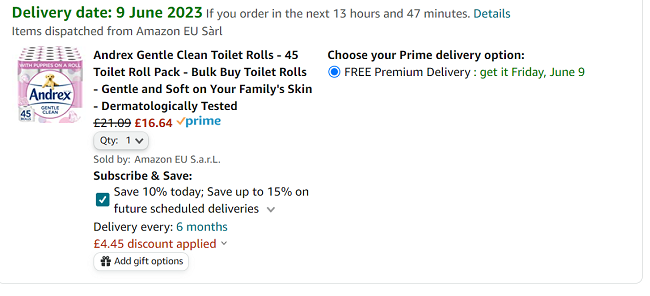 Screenshot showing Andrex Gentle Clean Toilet Rolls 45 Pack for £16.64 at Amazon