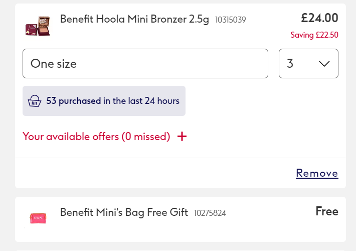 Screenshot showing online basket with 3 Benefit Minis for £24 + Free Gift at Boots