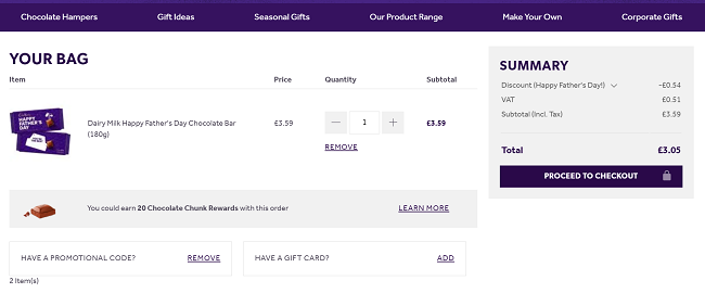 Screenshot of Cadbury Father's Day gift at Cadubry Gifts Direct