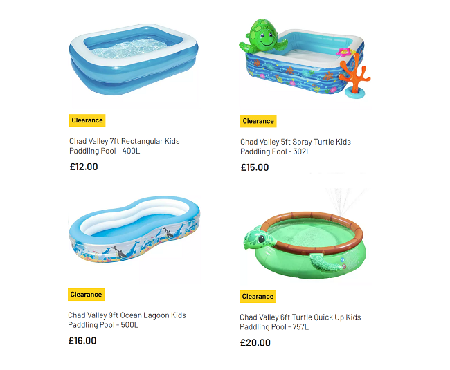 Screenshot of Clearance Pools at Argos