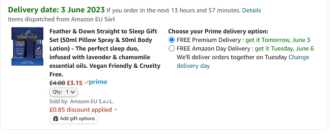 Screenshot of Feather & Down Straight to Sleep Gift Set for £3.15 at Amazon