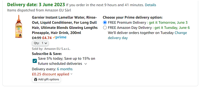 Screenshot of Garnier Glowing Lengths Hair Drink 200ml Pineapple for £4.74 at Amazon