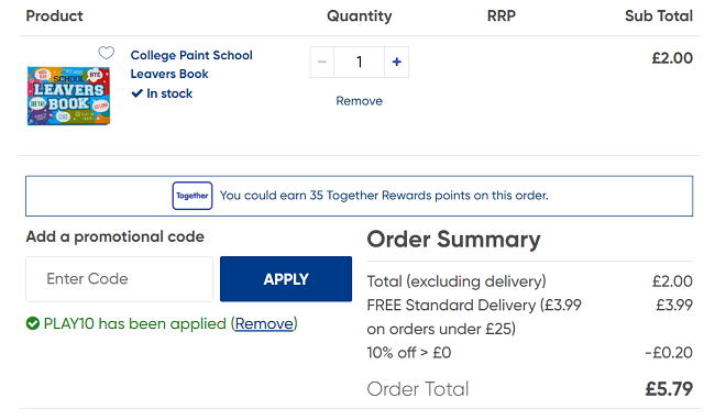 Screenshot showing School Leavers Books £1.80 with code at The Works